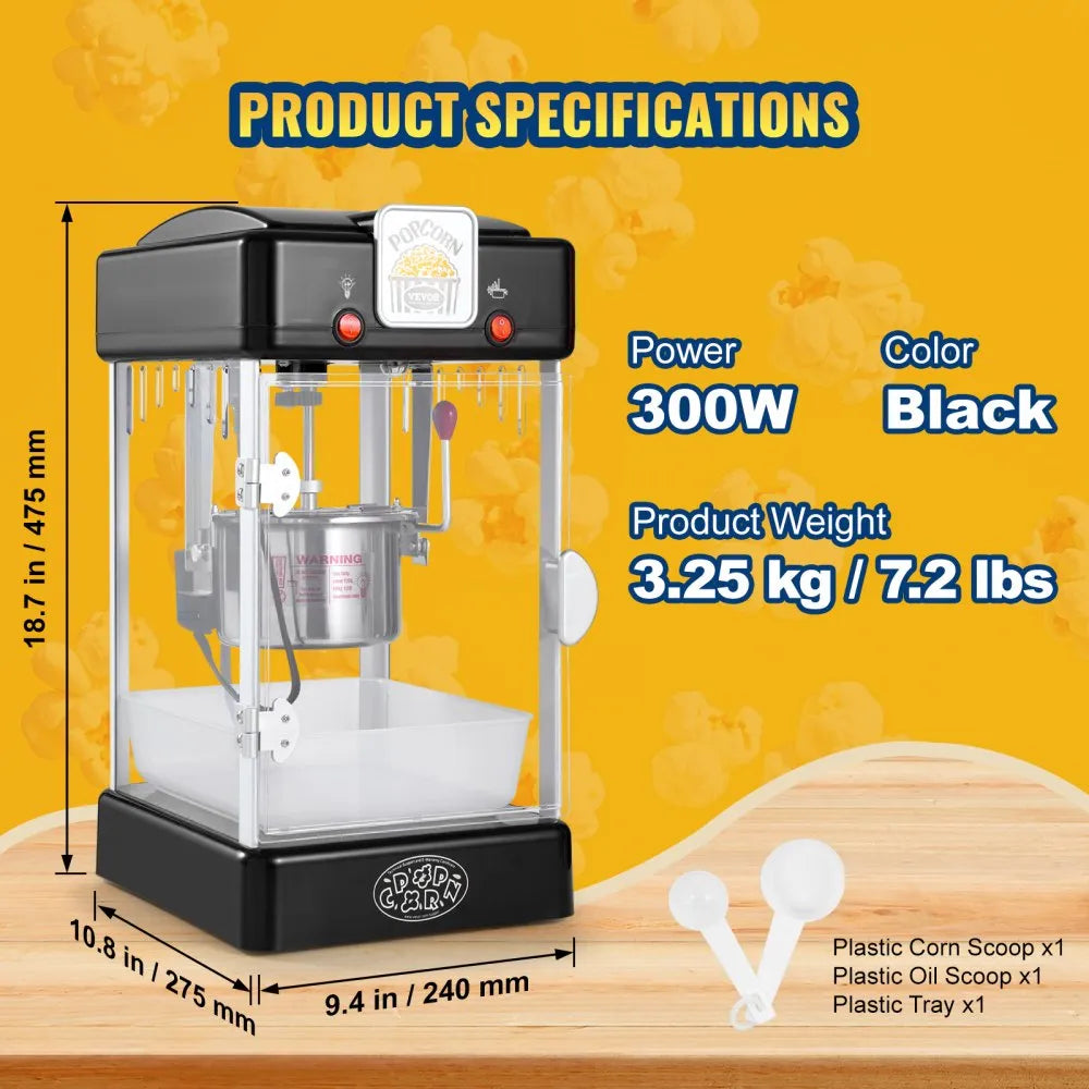 VEVOR Popcorn Popper Machine Tabletop Popcorn Maker 300W 2.5 Oz Black