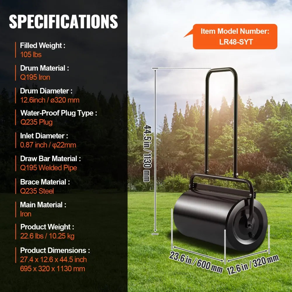 VEVOR Lawn Roller, 13 Gallon Sand/Water Filled Yard Roller, Steel Sod Roller with Easy-turn Plug and U-Shaped Ergonomic Handle for Convenient Push and Pull, for Lawn, Garden, Farm, Park, Black
