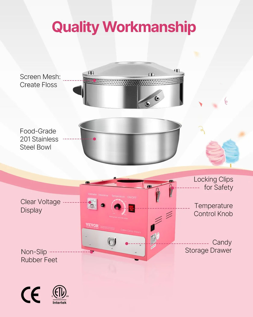 VEVOR Commercial Cotton Candy Machine Sugar Floss Maker 1000W for Party Pink