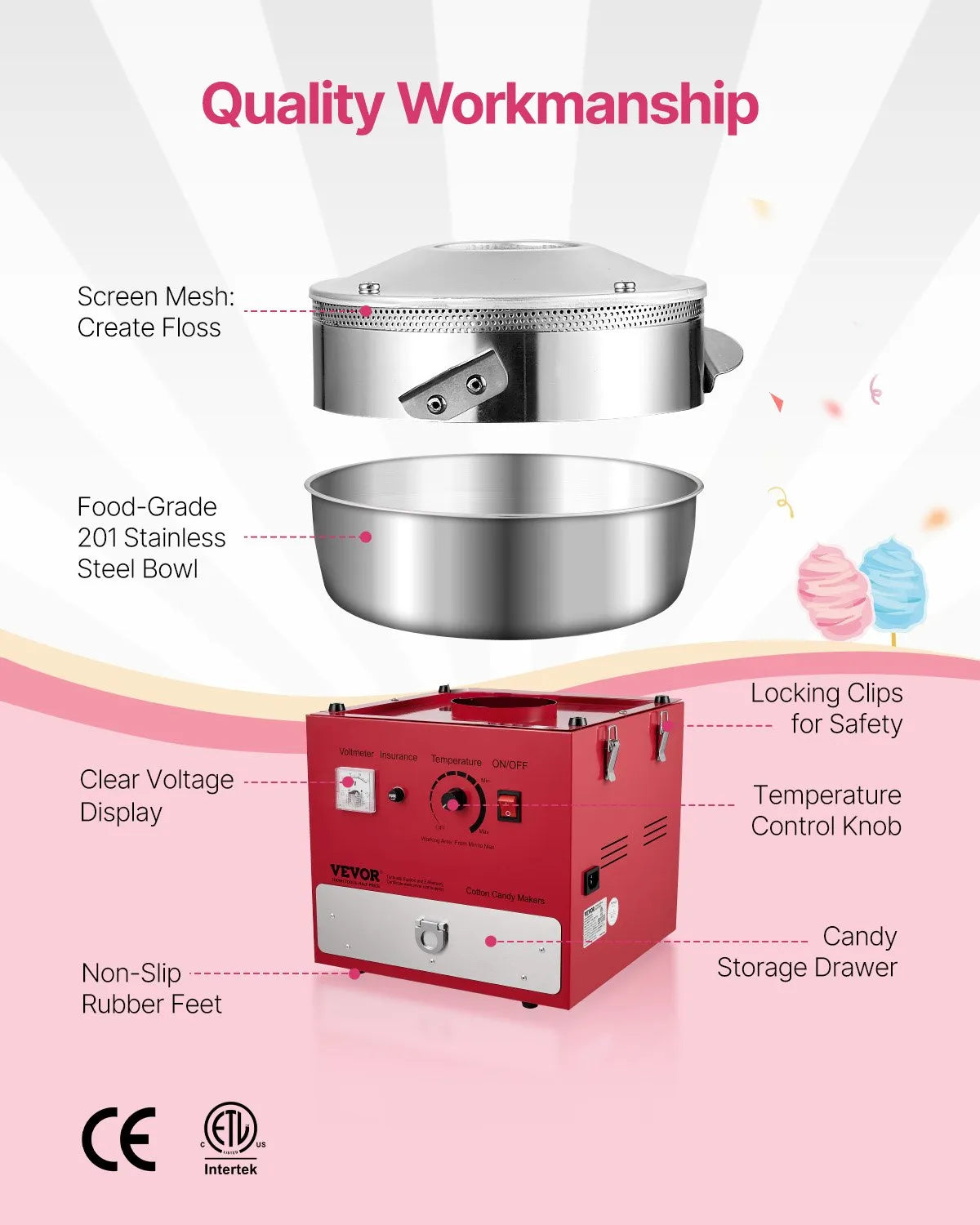 VEVOR Commercial Cotton Candy Machine Sugar Floss Maker 1000W for Party Red