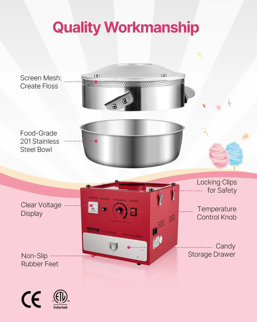 VEVOR Commercial Cotton Candy Machine Sugar Floss Maker 1000W for Party Red