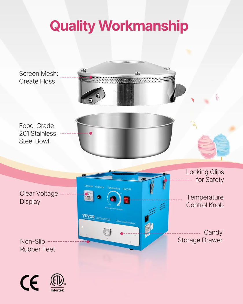 VEVOR Commercial Cotton Candy Machine Sugar Floss Maker 1000W for Party Blue