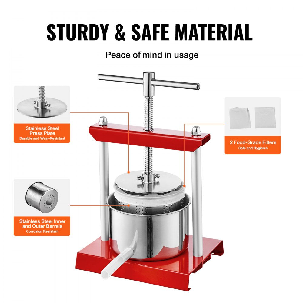 VEVOR Fruit Wine Press, 0.53 Gallon/2L, 2 Stainless Steel Barrels, Manual Juice Maker, Cider Apple Grape Tincture Vegetables Honey Olive Oil Making Press with T-Handle for Outdoor, Kitchen, and Home