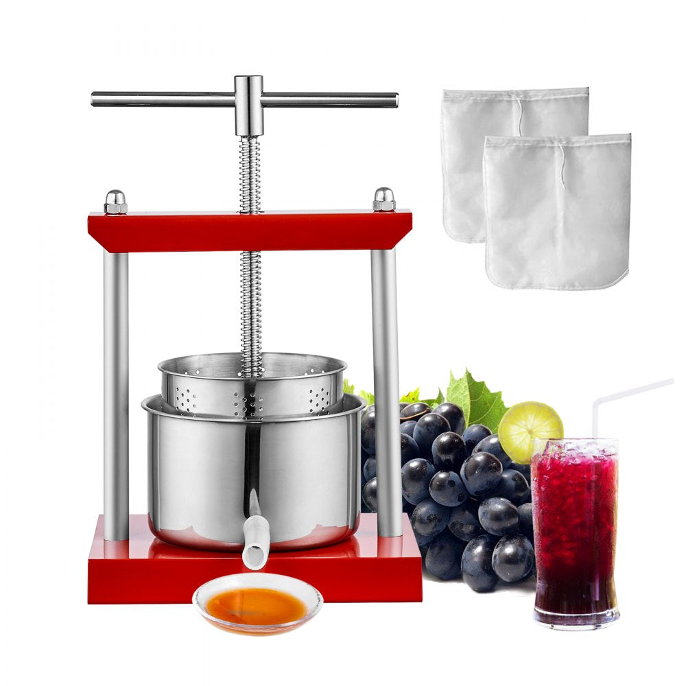 VEVOR Fruit Wine Press, 0.53 Gallon/2L, 2 Stainless Steel Barrels, Manual Juice Maker, Cider Apple Grape Tincture Vegetables Honey Olive Oil Making Press with T-Handle for Outdoor, Kitchen, and Home