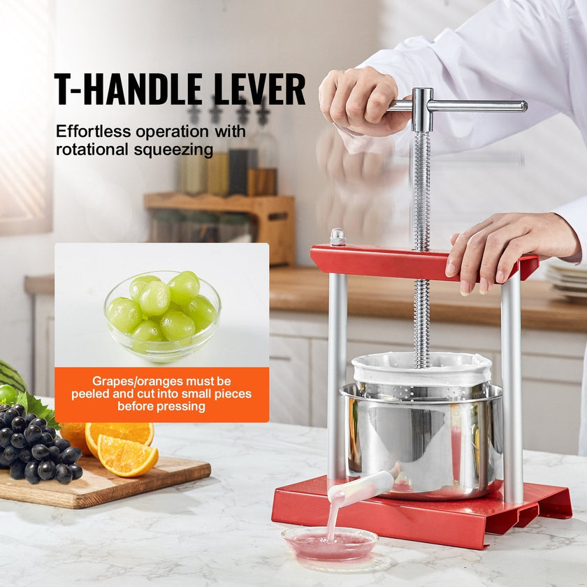 VEVOR Fruit Wine Press, 1.5 Gallon/5.5L, 2 Stainless Steel Barrels, Manual Juice Maker, Cider Apple Grape Tincture Vegetables Honey Olive Oil Making Press with T-Handle for Outdoor, Kitchen, and Home
