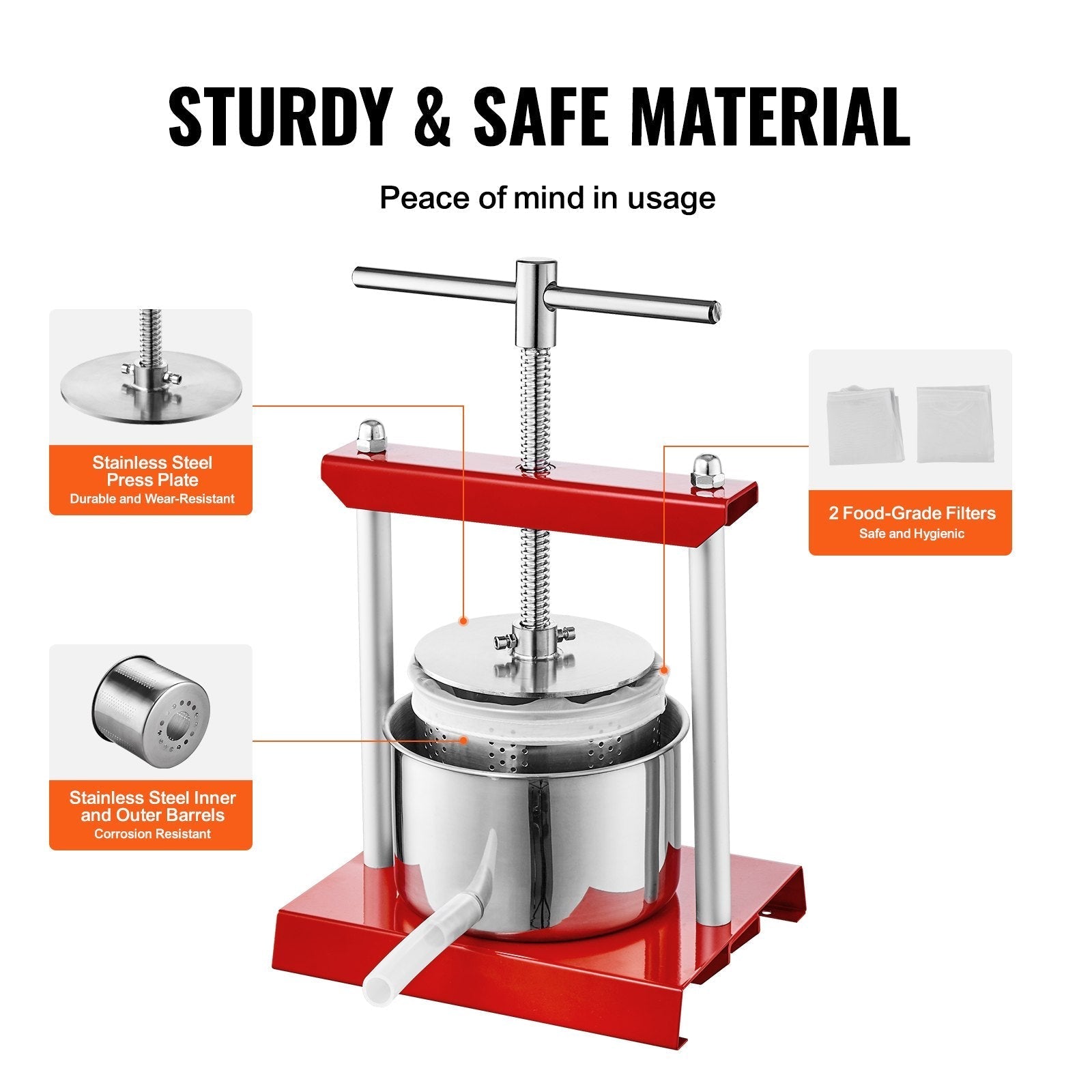 VEVOR Fruit Wine Press, 1.5 Gallon/5.5L, 2 Stainless Steel Barrels, Manual Juice Maker, Cider Apple Grape Tincture Vegetables Honey Olive Oil Making Press with T-Handle for Outdoor, Kitchen, and Home