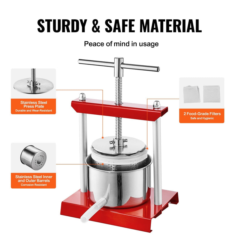 VEVOR Fruit Wine Press, 1.5 Gallon/5.5L, 2 Stainless Steel Barrels, Manual Juice Maker, Cider Apple Grape Tincture Vegetables Honey Olive Oil Making Press with T-Handle for Outdoor, Kitchen, and Home