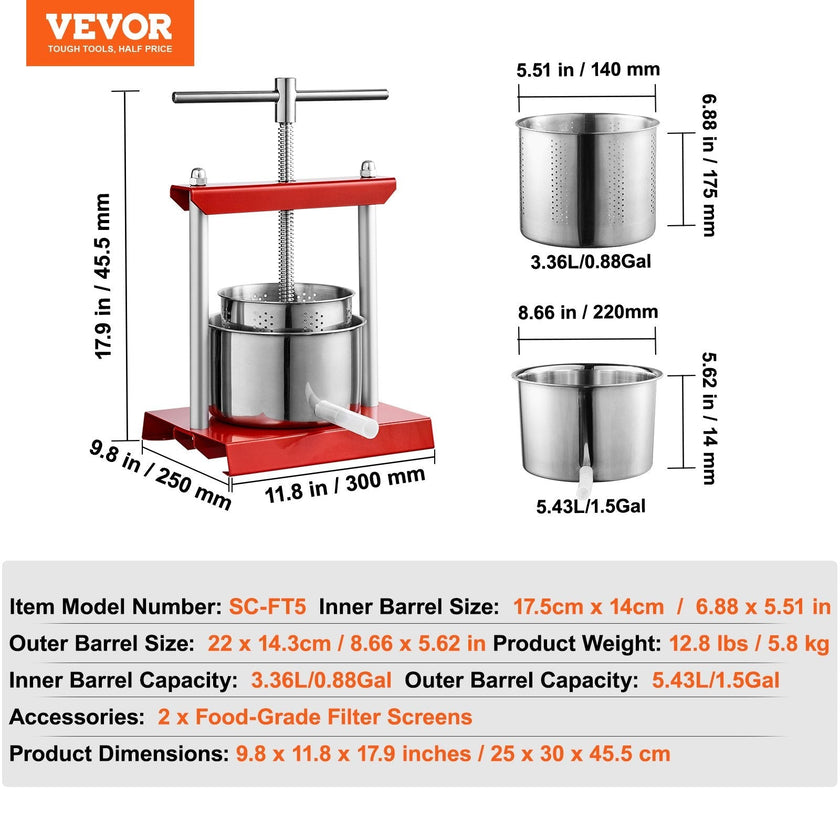 VEVOR Fruit Wine Press, 1.5 Gallon/5.5L, 2 Stainless Steel Barrels, Manual Juice Maker, Cider Apple Grape Tincture Vegetables Honey Olive Oil Making Press with T-Handle for Outdoor, Kitchen, and Home