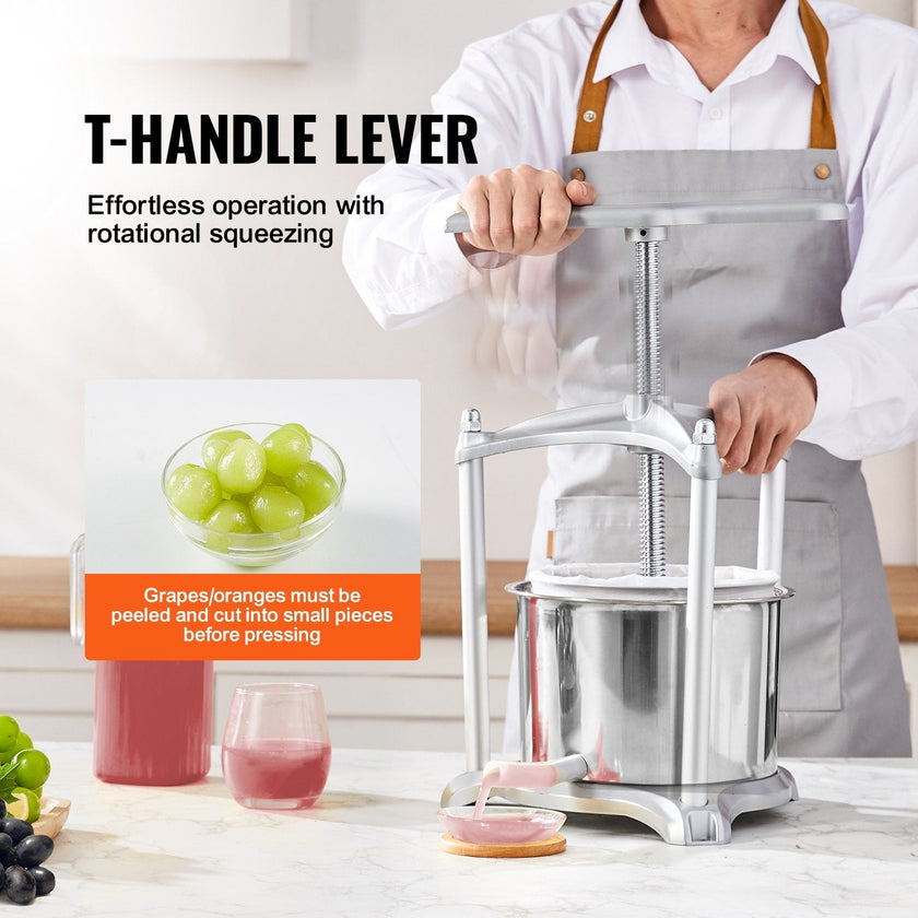 VEVOR Fruit Wine Press, 1.6 Gallon/6L, 2 Stainless Steel Barrels, Manual Juice Maker, Cider Apple Grape Tincture Vegetables Honey Olive Oil Making Press with T-Handle, Triangular Structure for Kitchen
