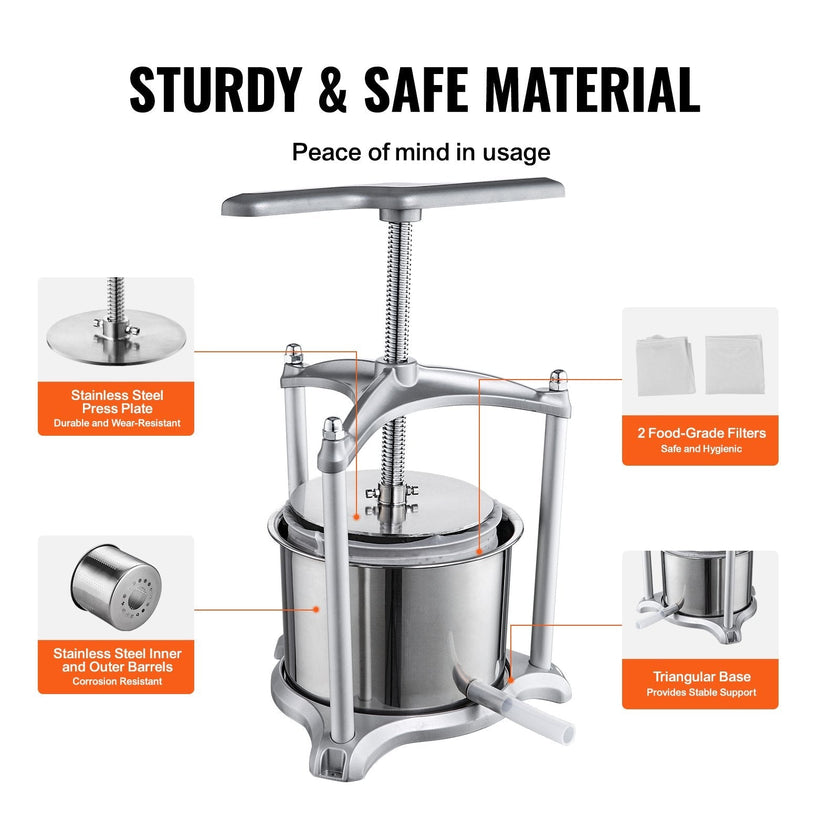 VEVOR Fruit Wine Press, 1.6 Gallon/6L, 2 Stainless Steel Barrels, Manual Juice Maker, Cider Apple Grape Tincture Vegetables Honey Olive Oil Making Press with T-Handle, Triangular Structure for Kitchen