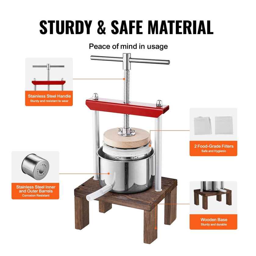 VEVOR Fruit Wine Press, 0.53 Gallon/2L, 2 Stainless Steel Barrels, Manual Juice Maker, Cider Apple Grape Tincture Vegetables Honey Olive Oil Making Press with T-Handle & Stable Base for Kitchen, Home