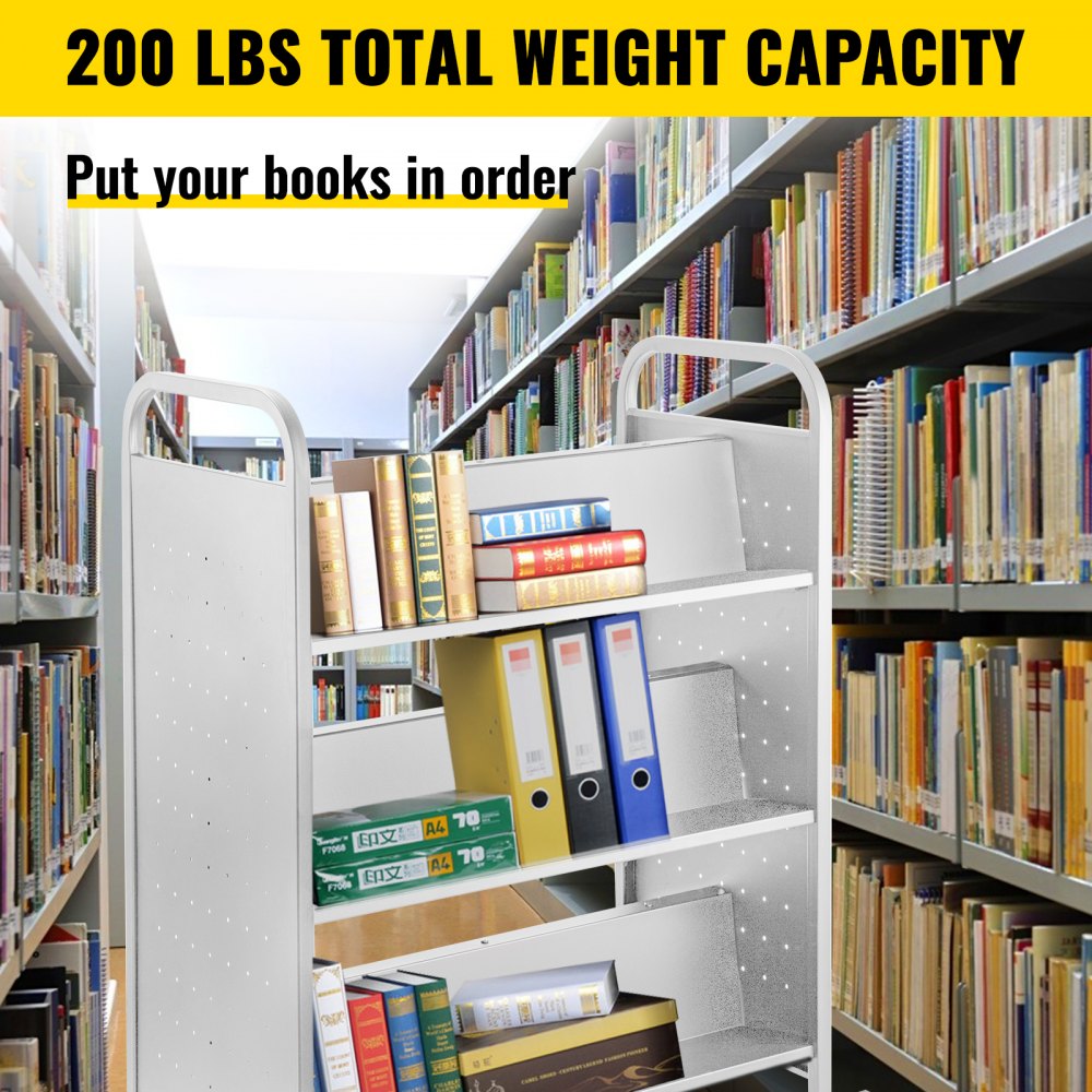 VEVOR 200LBS Book Cart, Library Cart 30x14x45 Inch, Rolling Book Cart Double Sided W-Shaped Sloped Shelves with 4-Inch Lockable Wheels, for Home Shelves Office and School Book Truck in White