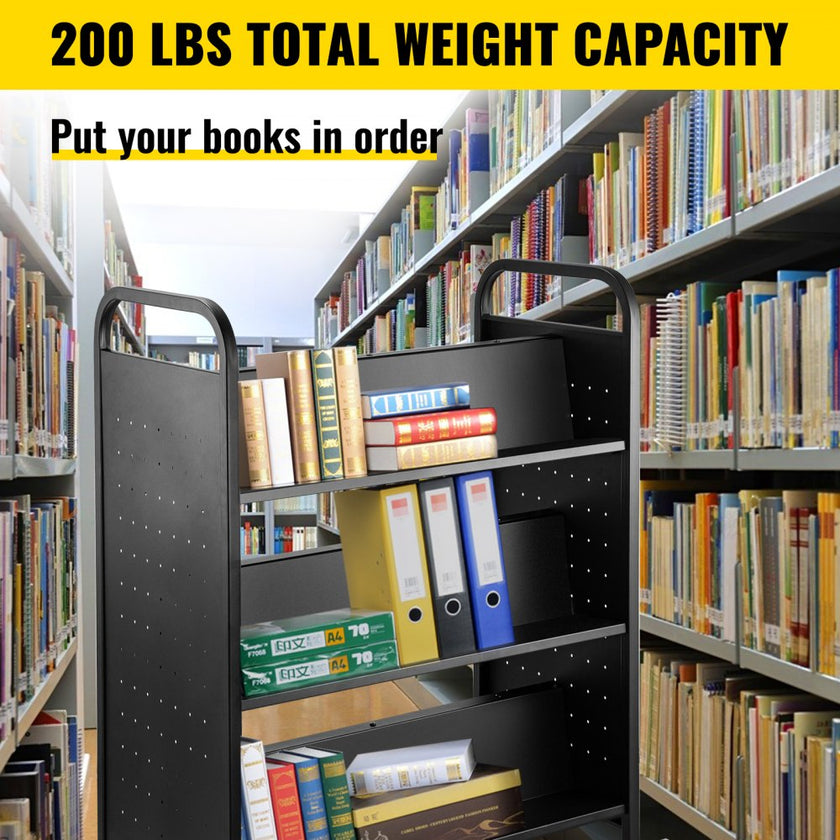 VEVOR 200LBS Book Cart, Library Cart 30x14x45 Inch, Rolling Book Cart Double Sided W-Shaped Sloped Shelves with 4 Inch Lockable Wheels, for Home Shelves Office and School Book Truck in Black