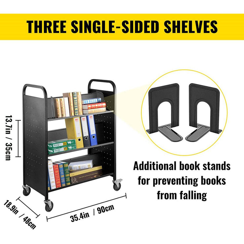 VEVOR 200LBS Book Cart, Library Cart 30x14x45 Inch, Rolling Book Cart Double Sided W-Shaped Sloped Shelves with 4 Inch Lockable Wheels, for Home Shelves Office and School Book Truck in Black
