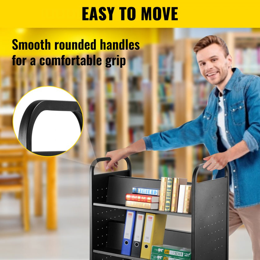 VEVOR 200LBS Book Cart, Library Cart 30x14x45 Inch, Rolling Book Cart Double Sided W-Shaped Sloped Shelves with 4 Inch Lockable Wheels, for Home Shelves Office and School Book Truck in Black
