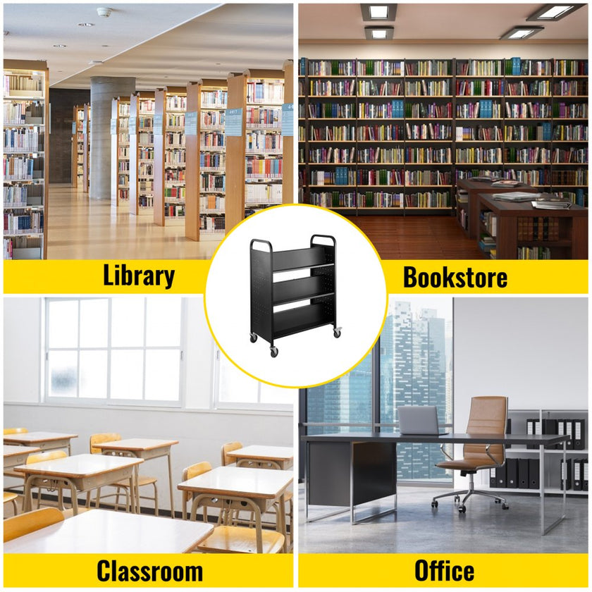 VEVOR 200LBS Book Cart, Library Cart 30x14x45 Inch, Rolling Book Cart Double Sided W-Shaped Sloped Shelves with 4 Inch Lockable Wheels, for Home Shelves Office and School Book Truck in Black