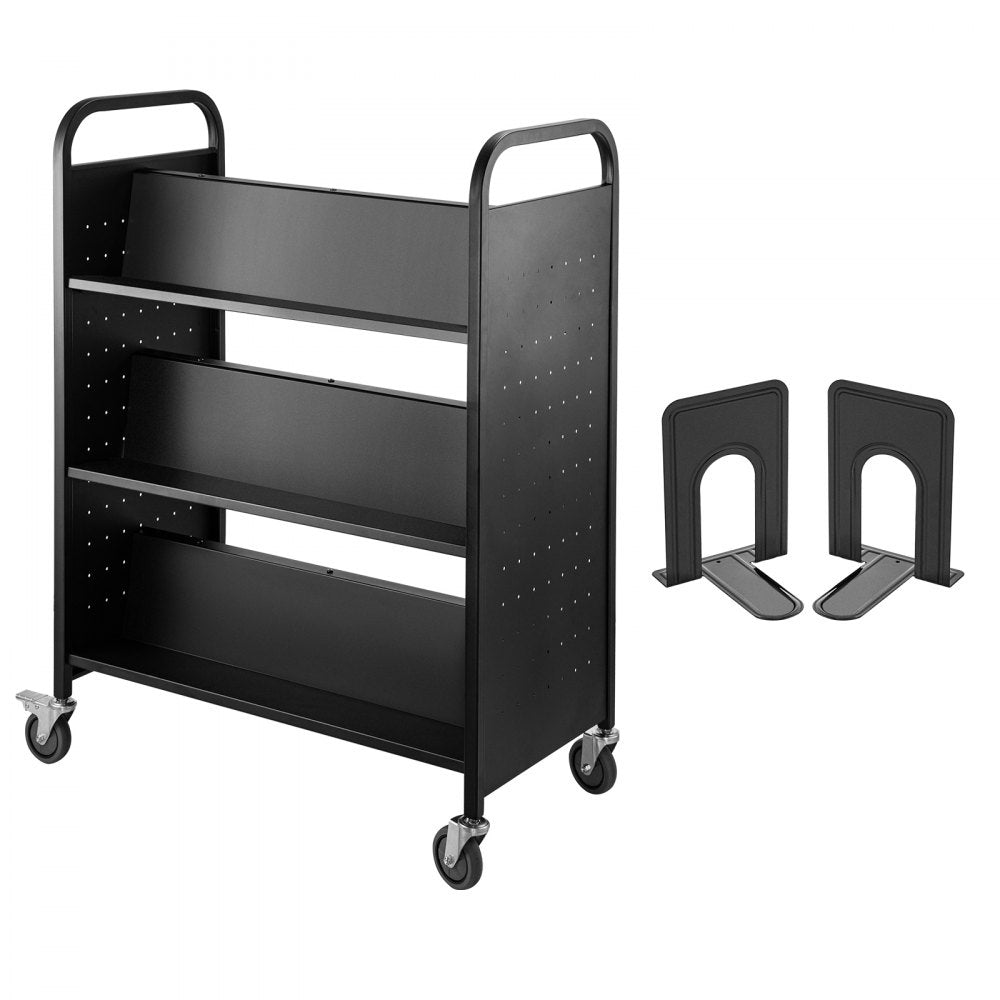 VEVOR 200LBS Book Cart, Library Cart 30x14x45 Inch, Rolling Book Cart Double Sided W-Shaped Sloped Shelves with 4 Inch Lockable Wheels, for Home Shelves Office and School Book Truck in Black