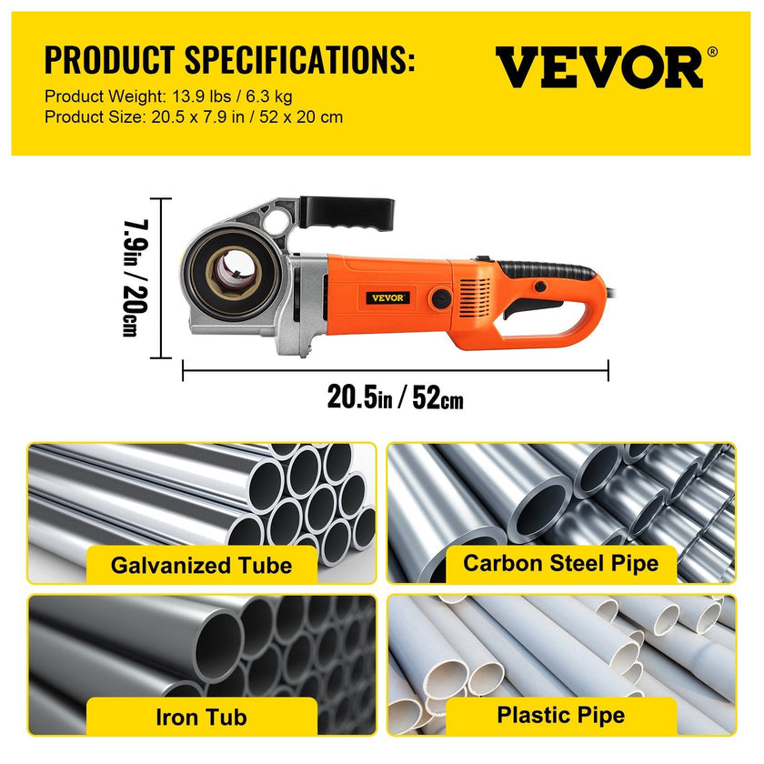 VEVOR Electric Pipe Threader, 2300W Pipe Threading Machine, Heavy-Duty Hand-Held Power Drive Kit, 110V Pipe Threader Machine Copper Motor, Portable Pipe Threader w/ 4 Dies 1/2