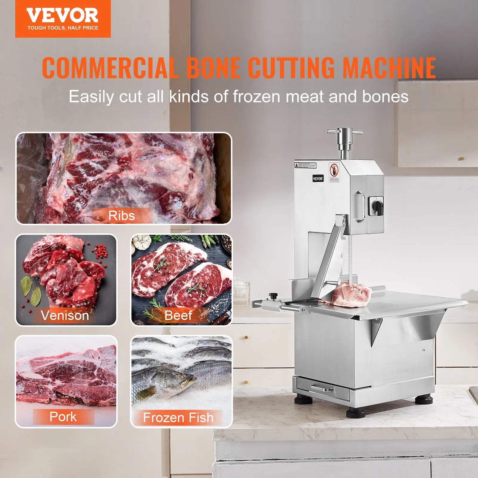 VEVOR Commercial Electric Meat Bandsaw, 2200W Stainless Steel Countertop Bone Sawing Machine, Workbeach 18.5