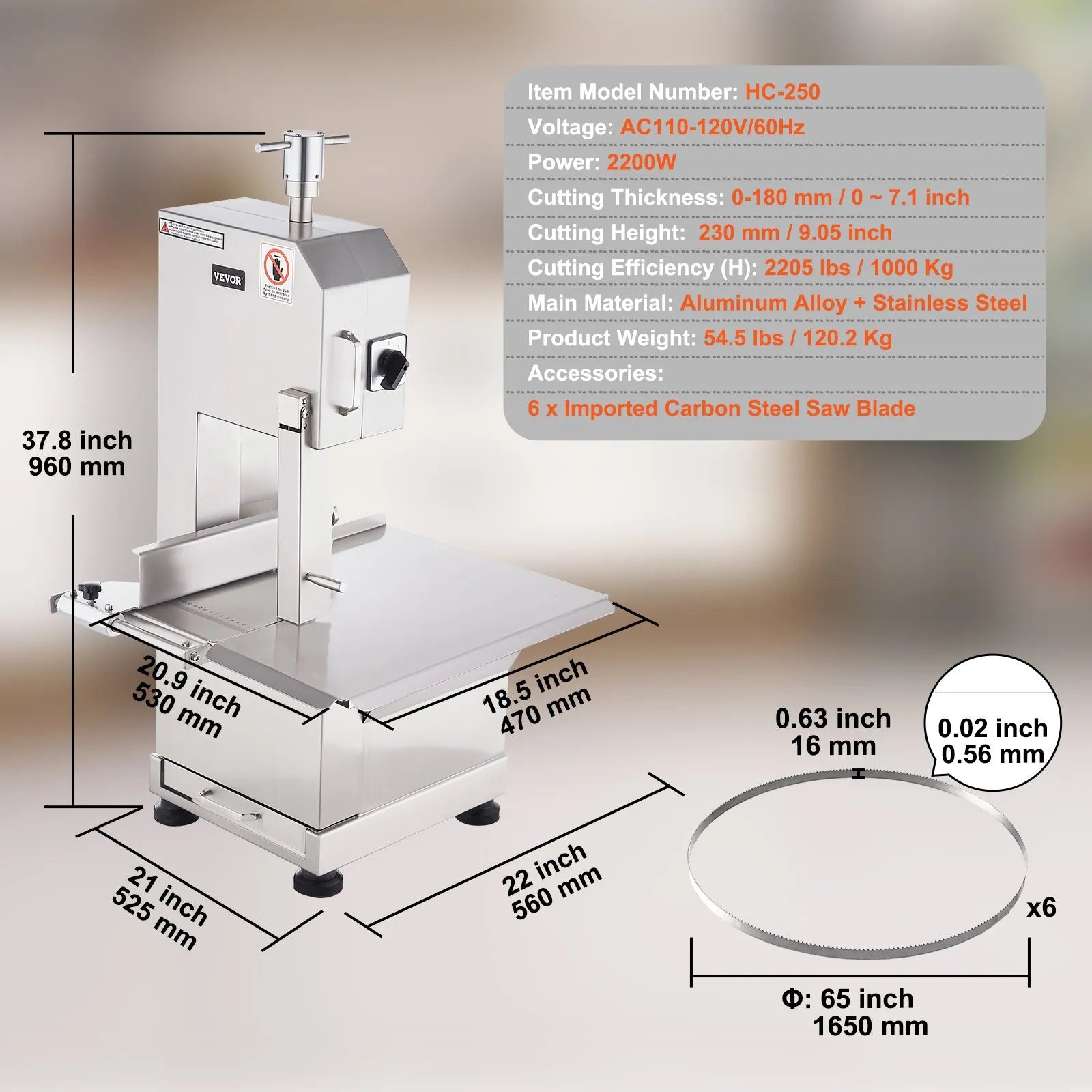 VEVOR Commercial Electric Meat Bandsaw, 2200W Stainless Steel Countertop Bone Sawing Machine, Workbeach 18.5