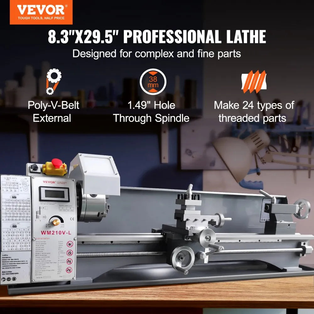 VEVOR Metal Lathe Machine, 8.3'' x 29.5'', Precision benchtop power metal lathe, 0-2500 RPM Continuously Variable Speed, 750W Brushless Motor Metal Gears, with Tool Box for Processing Precision Parts
