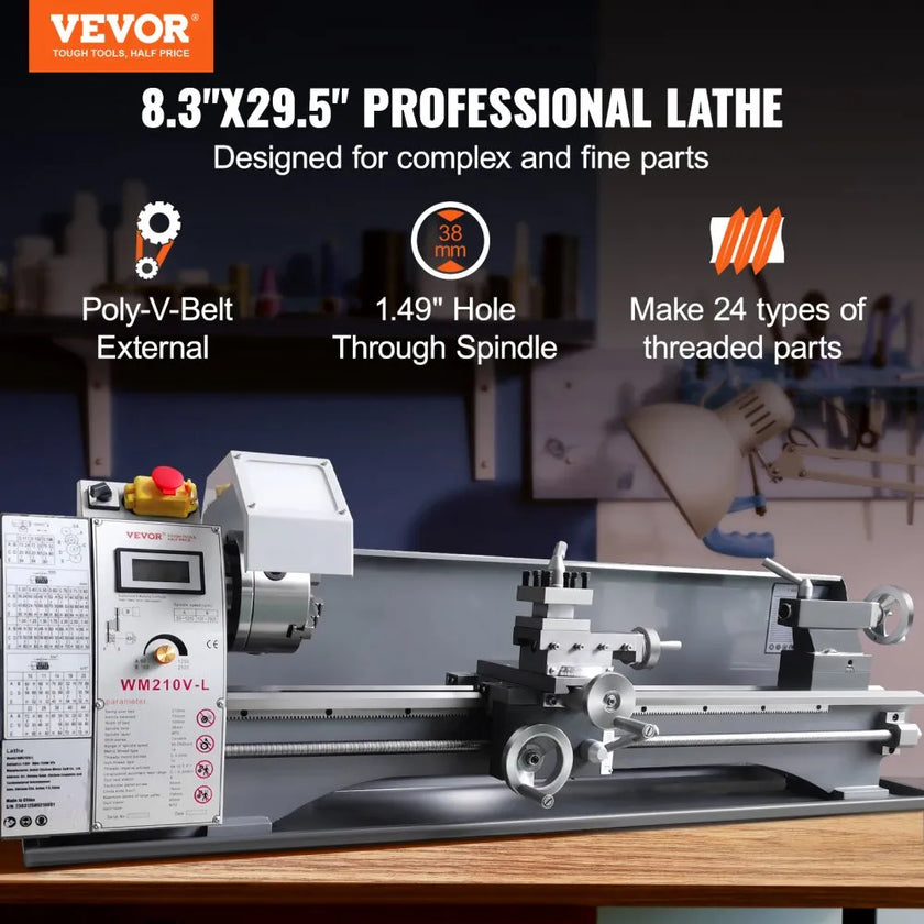 VEVOR Metal Lathe Machine, 8.3'' x 29.5'', Precision benchtop power metal lathe, 0-2500 RPM Continuously Variable Speed, 750W Brushless Motor Metal Gears, with Tool Box for Processing Precision Parts