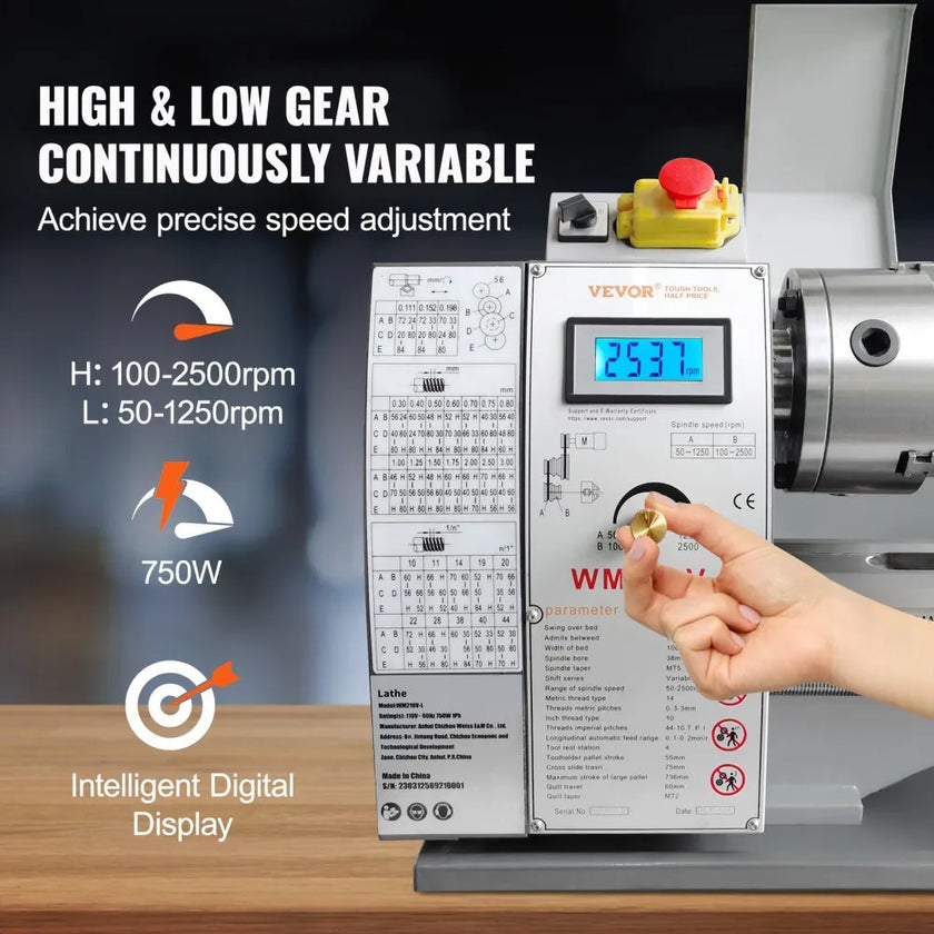 VEVOR Metal Lathe Machine, 8.3'' x 29.5'', Precision benchtop power metal lathe, 0-2500 RPM Continuously Variable Speed, 750W Brushless Motor Metal Gears, with Tool Box for Processing Precision Parts