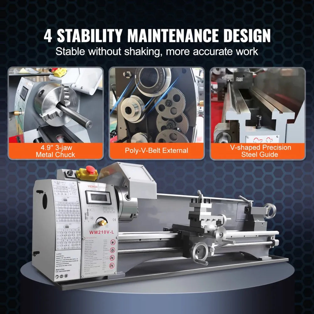 VEVOR Metal Lathe Machine, 8.3'' x 29.5'', Precision benchtop power metal lathe, 0-2500 RPM Continuously Variable Speed, 750W Brushless Motor Metal Gears, with Tool Box for Processing Precision Parts
