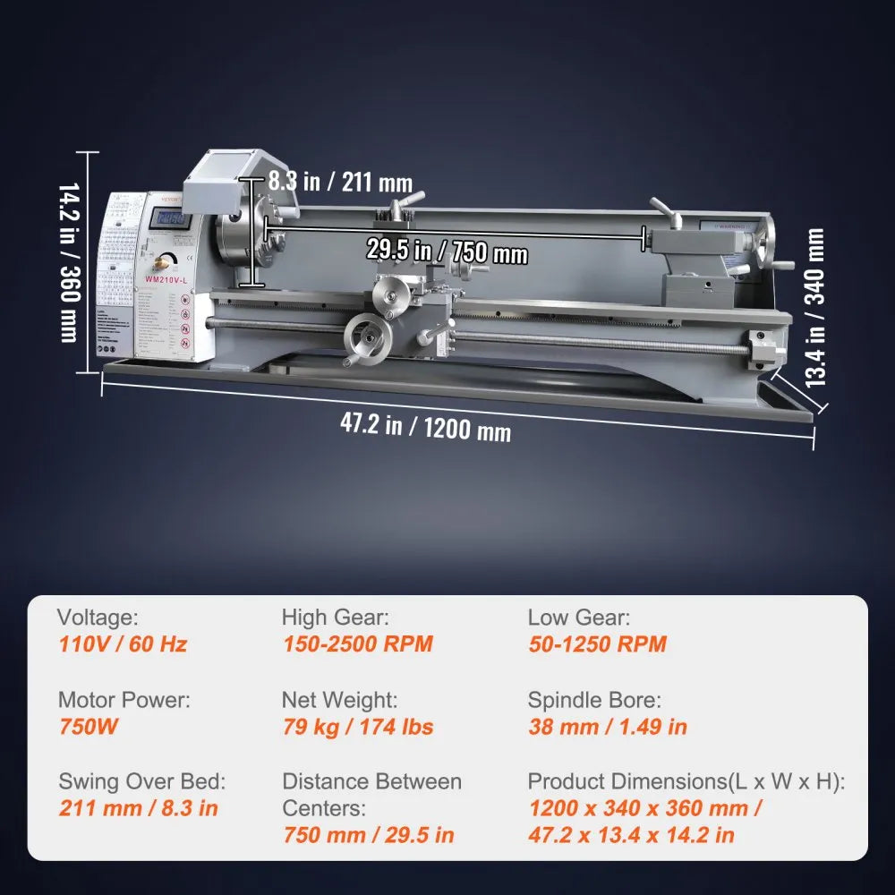 VEVOR Metal Lathe Machine, 8.3'' x 29.5'', Precision benchtop power metal lathe, 0-2500 RPM Continuously Variable Speed, 750W Brushless Motor Metal Gears, with Tool Box for Processing Precision Parts