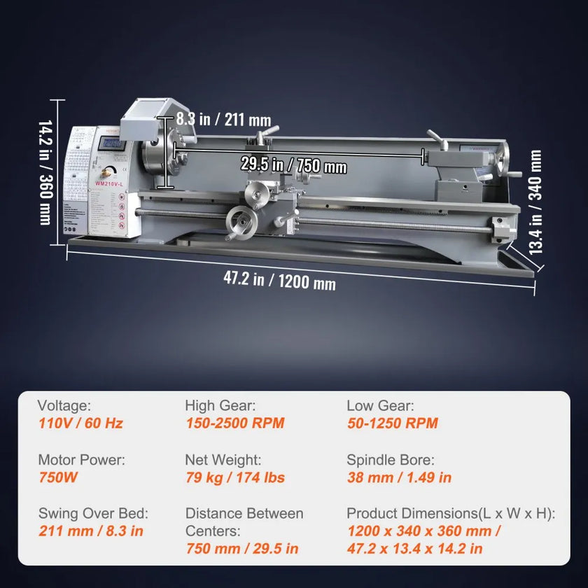 VEVOR Metal Lathe Machine, 8.3'' x 29.5'', Precision benchtop power metal lathe, 0-2500 RPM Continuously Variable Speed, 750W Brushless Motor Metal Gears, with Tool Box for Processing Precision Parts