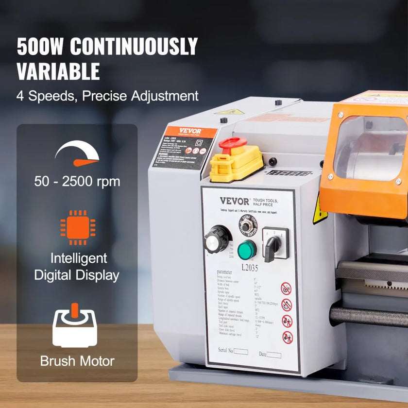 VEVOR Metal Lathe Machine, 7.87'' x 13.78'', Precision Benchtop Power Metal Lathe, 50-2500 RPM Continuously Variable Speed, 500W Brush Motor Metal Gears, with Tool Box for Processing Precision Parts