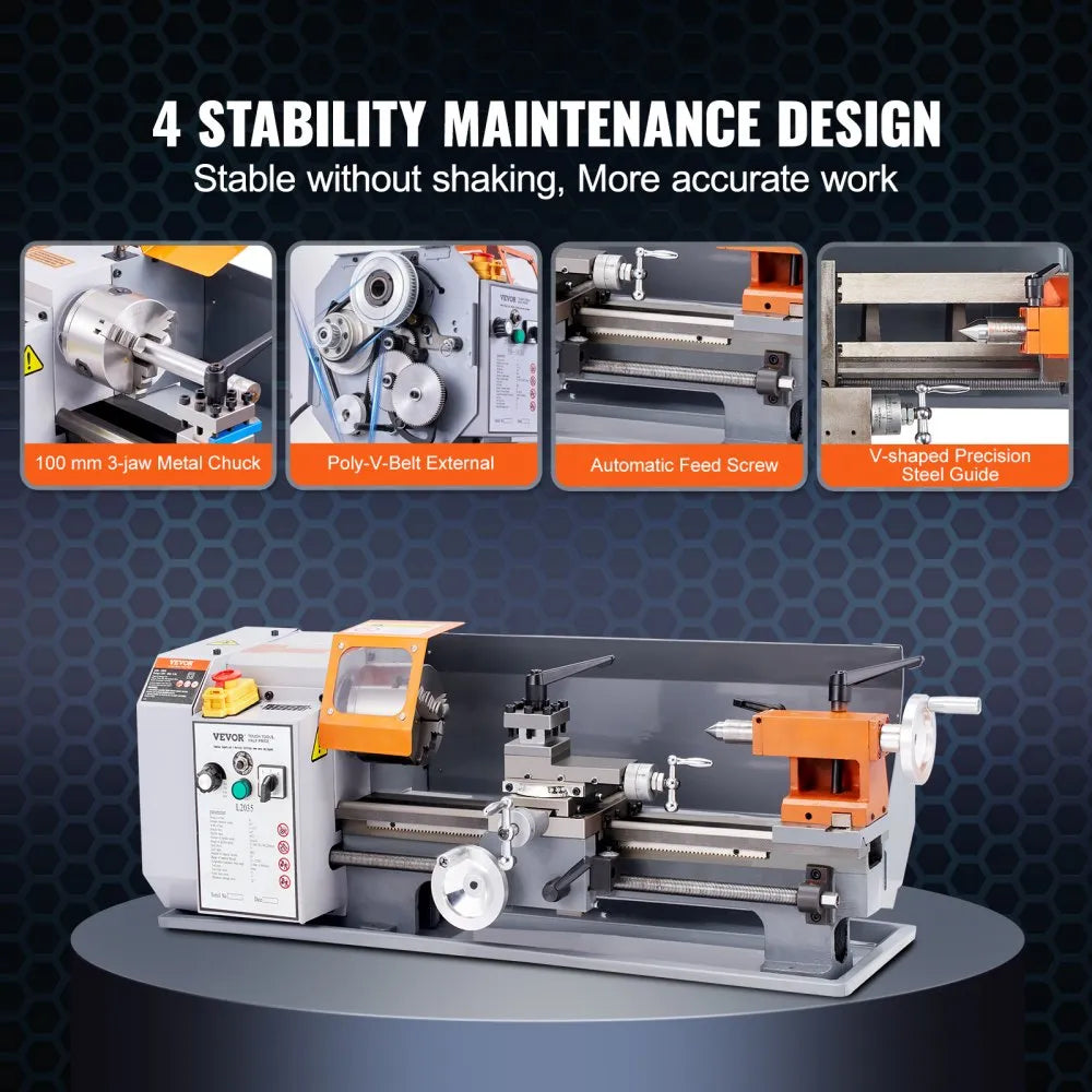 VEVOR Metal Lathe Machine, 7.87'' x 13.78'', Precision Benchtop Power Metal Lathe, 50-2500 RPM Continuously Variable Speed, 500W Brush Motor Metal Gears, with Tool Box for Processing Precision Parts