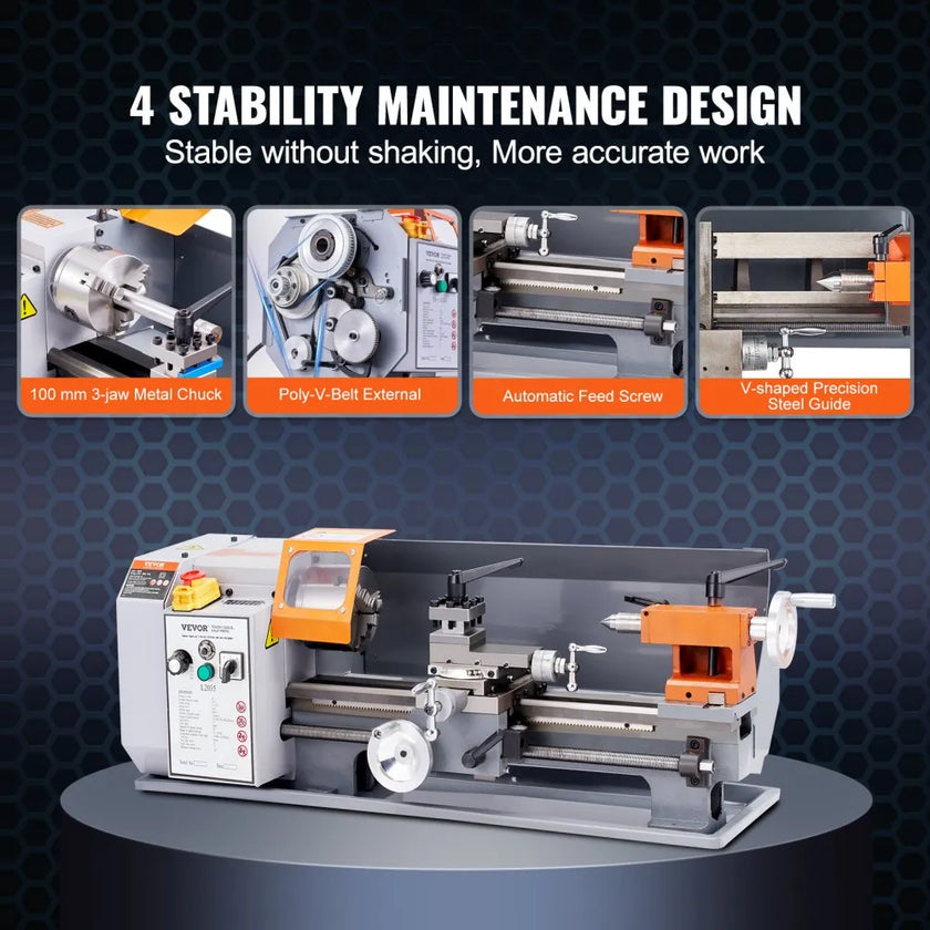VEVOR Metal Lathe Machine, 7.87'' x 13.78'', Precision Benchtop Power Metal Lathe, 50-2500 RPM Continuously Variable Speed, 500W Brush Motor Metal Gears, with Tool Box for Processing Precision Parts