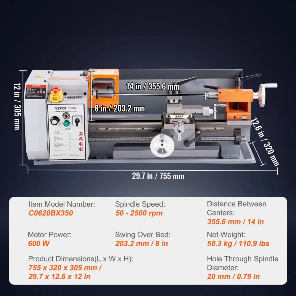 VEVOR Metal Lathe Machine, 7.87'' x 13.78'', Precision Benchtop Power Metal Lathe, 50-2500 RPM Continuously Variable Speed, 500W Brush Motor Metal Gears, with Tool Box for Processing Precision Parts
