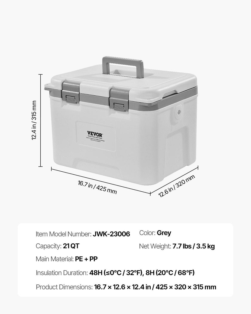 VEVOR Portable Cooler 21 QT Insulated Cooler 30 Can Capacity with Handles Strap