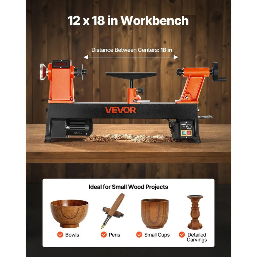 Woodworking Lathe, 1 HP, Benchtop Wood Lathe Machine with 0 to 3800 RPM Variable Speed, 12 x 18 in Workbench, Brushless DC Motor, Cast Iron Construction, for Beginner DIY Enthusiast Woodworking