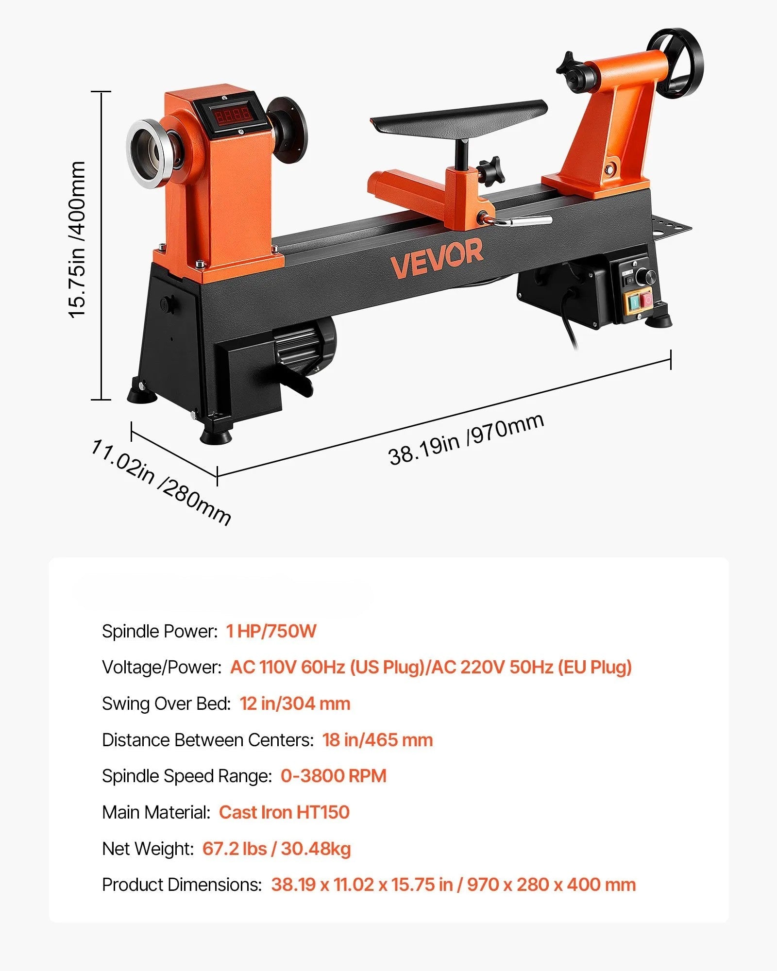 Woodworking Lathe, 1 HP, Benchtop Wood Lathe Machine with 0 to 3800 RPM Variable Speed, 12 x 18 in Workbench, Brushless DC Motor, Cast Iron Construction, for Beginner DIY Enthusiast Woodworking