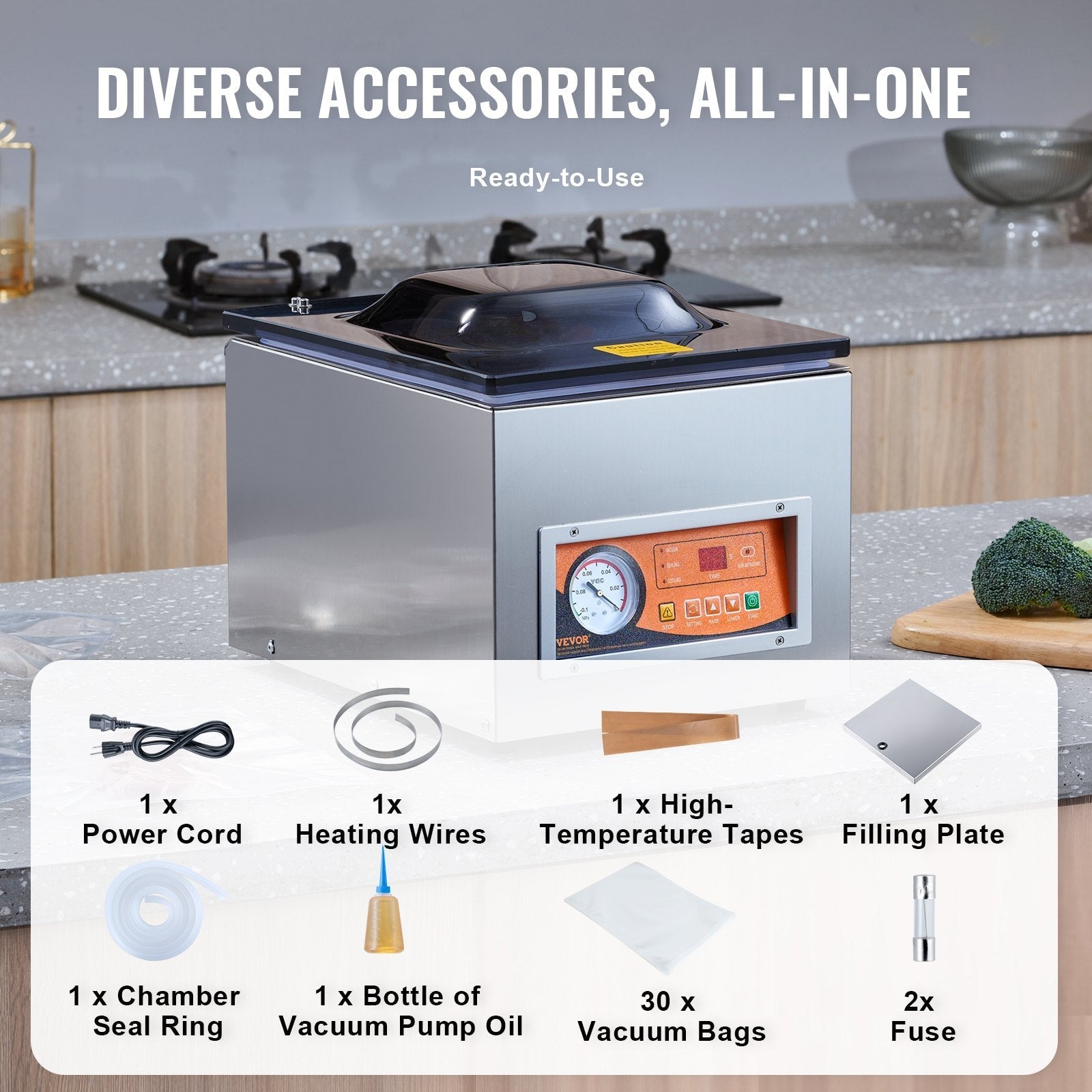 VEVOR Chamber Vacuum Sealer, 260W Sealing Power, Vacuum Packing Machine for Wet Foods, Meats, Marinades and More, Compact Size with 10.2