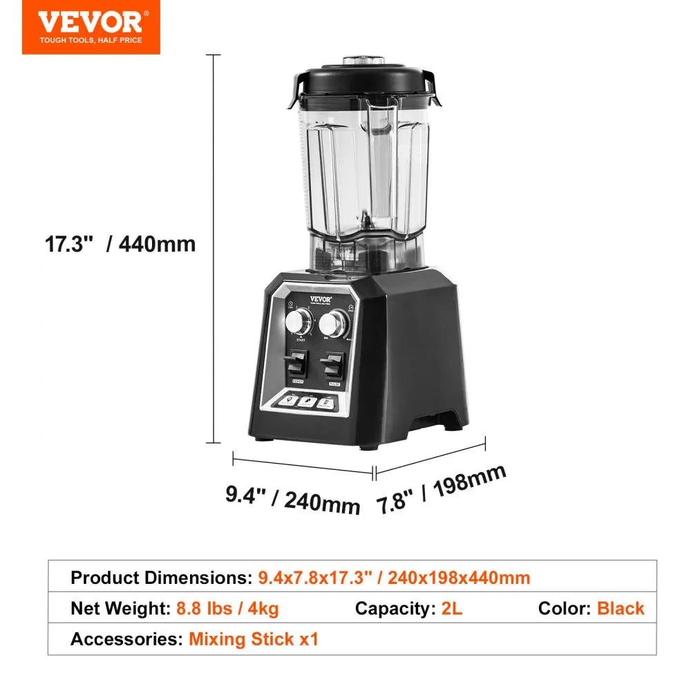 VEVOR Professional Blender, Commercial Countertop Blenders, 68 oz Jar Blender Combo, Stainless Steel 3 Functions Blender, for Frozen Drinks, Shakes, Smoothies, Peree, and Crush Ice, Black