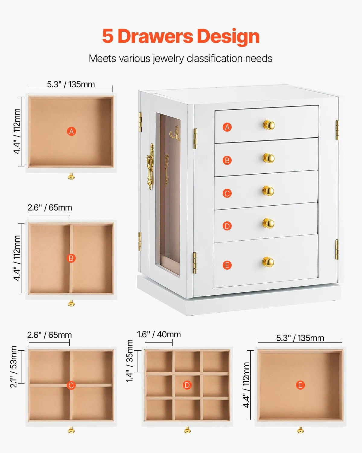 VEVOR Jewelry Box 360° Rotating Jewelry Organizer with 5 Spacious Drawers White