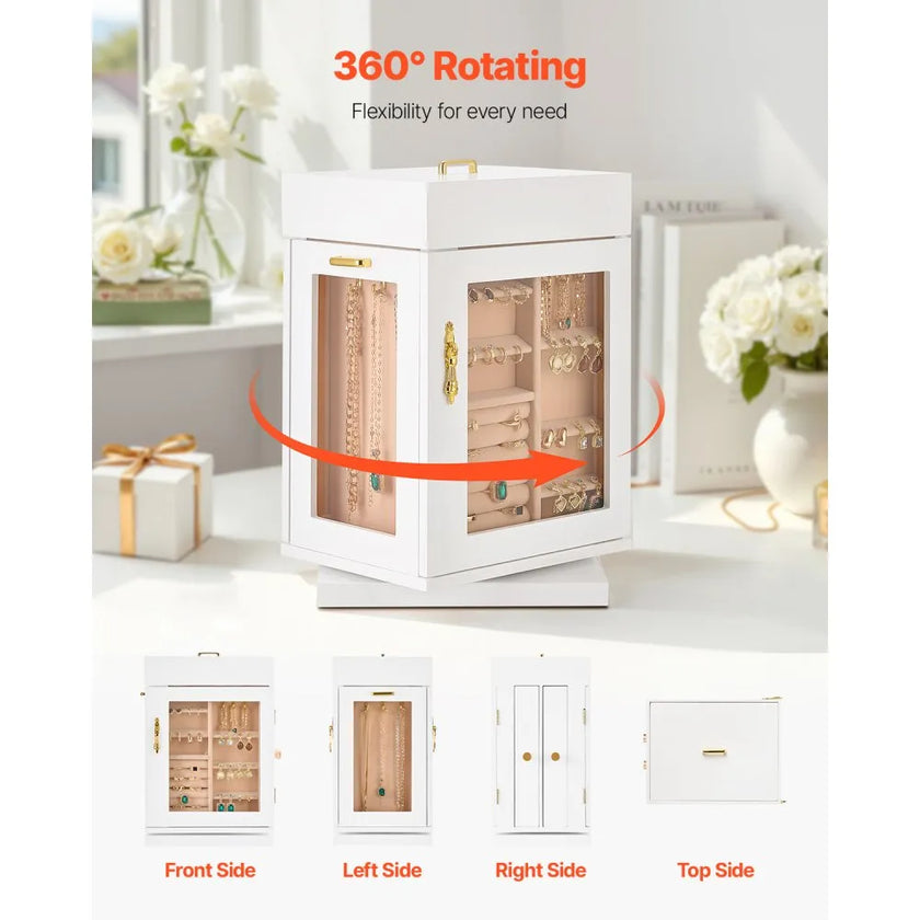 VEVOR Jewelry Box 360° Rotating Jewelry Organizer with 4 Necklace Hooks White