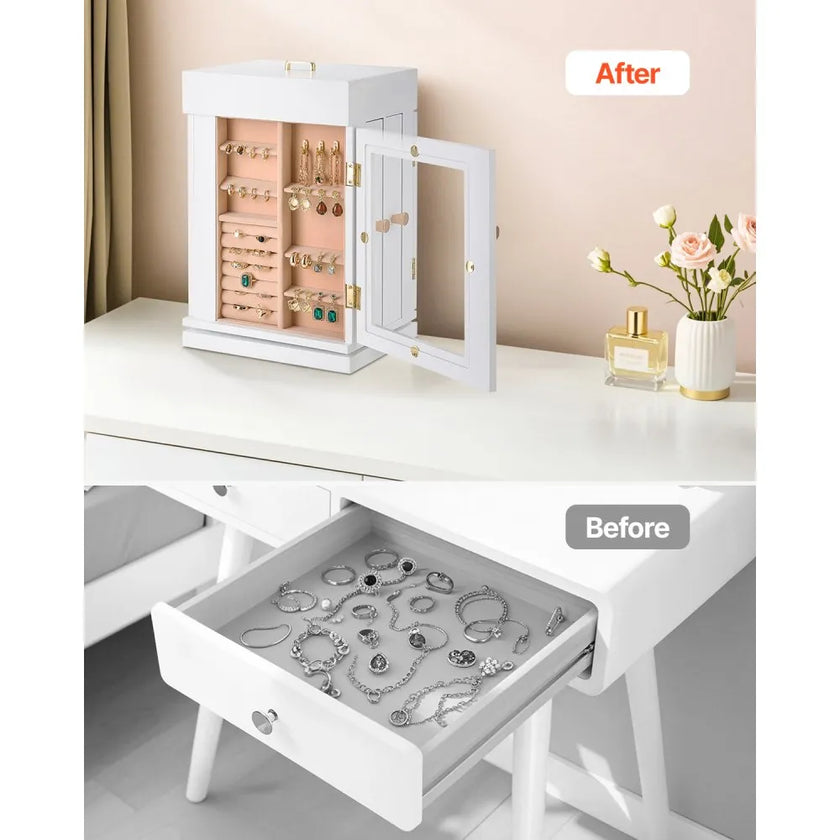 VEVOR Jewelry Box 360° Rotating Jewelry Organizer with 4 Necklace Hooks White