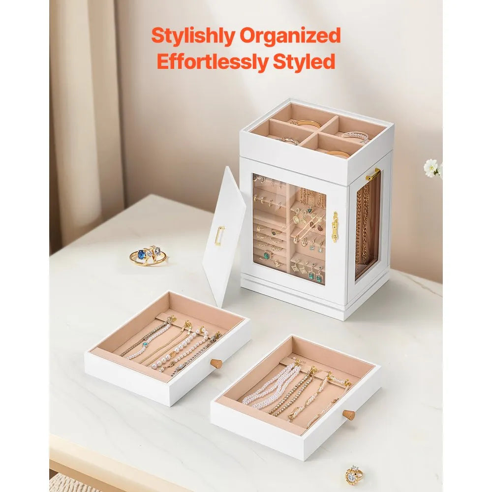 VEVOR Jewelry Box 360° Rotating Jewelry Organizer with 4 Necklace Hooks White