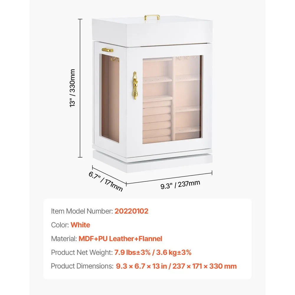 VEVOR Jewelry Box 360° Rotating Jewelry Organizer with 4 Necklace Hooks White