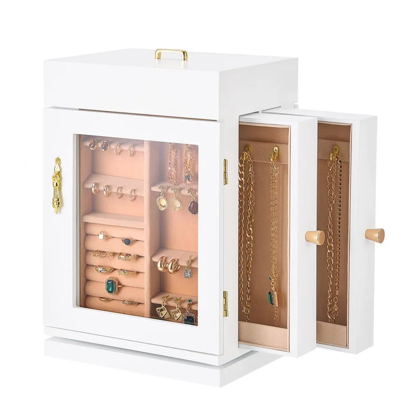 VEVOR Jewelry Box 360° Rotating Jewelry Organizer with 4 Necklace Hooks White