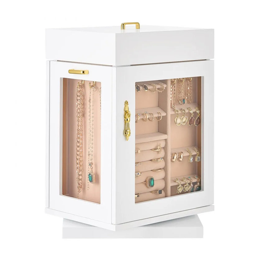 VEVOR Jewelry Box 360° Rotating Jewelry Organizer with 4 Necklace Hooks White
