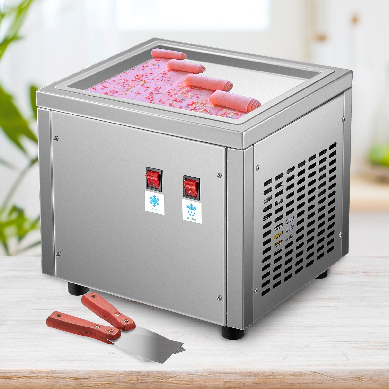 VEVOR Commercial Rolled Ice Cream Machine, Stir-Fried Ice Cream Roll Machine with Single Square Pan, Stainless Steel Stir-Fried Ice Cream Roll Maker, Yogurt Cream Machine for Bars Cafés Dessert Shops