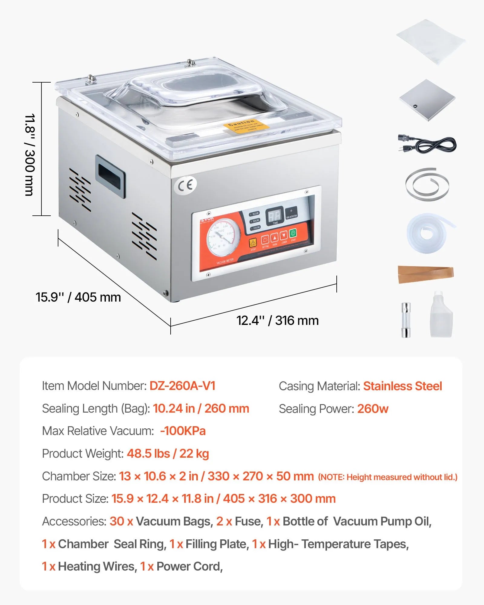 VEVOR Chamber Vacuum Sealer, 260W Sealing Power, Vacuum Packing Machine for Wet Foods, Meats, Marinades and More, Compact Size with 15.7