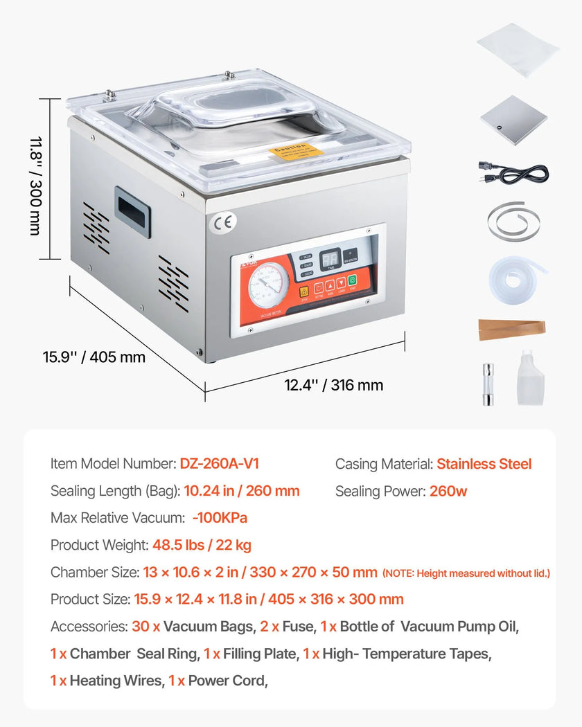 VEVOR Chamber Vacuum Sealer, 260W Sealing Power, Vacuum Packing Machine for Wet Foods, Meats, Marinades and More, Compact Size with 15.7