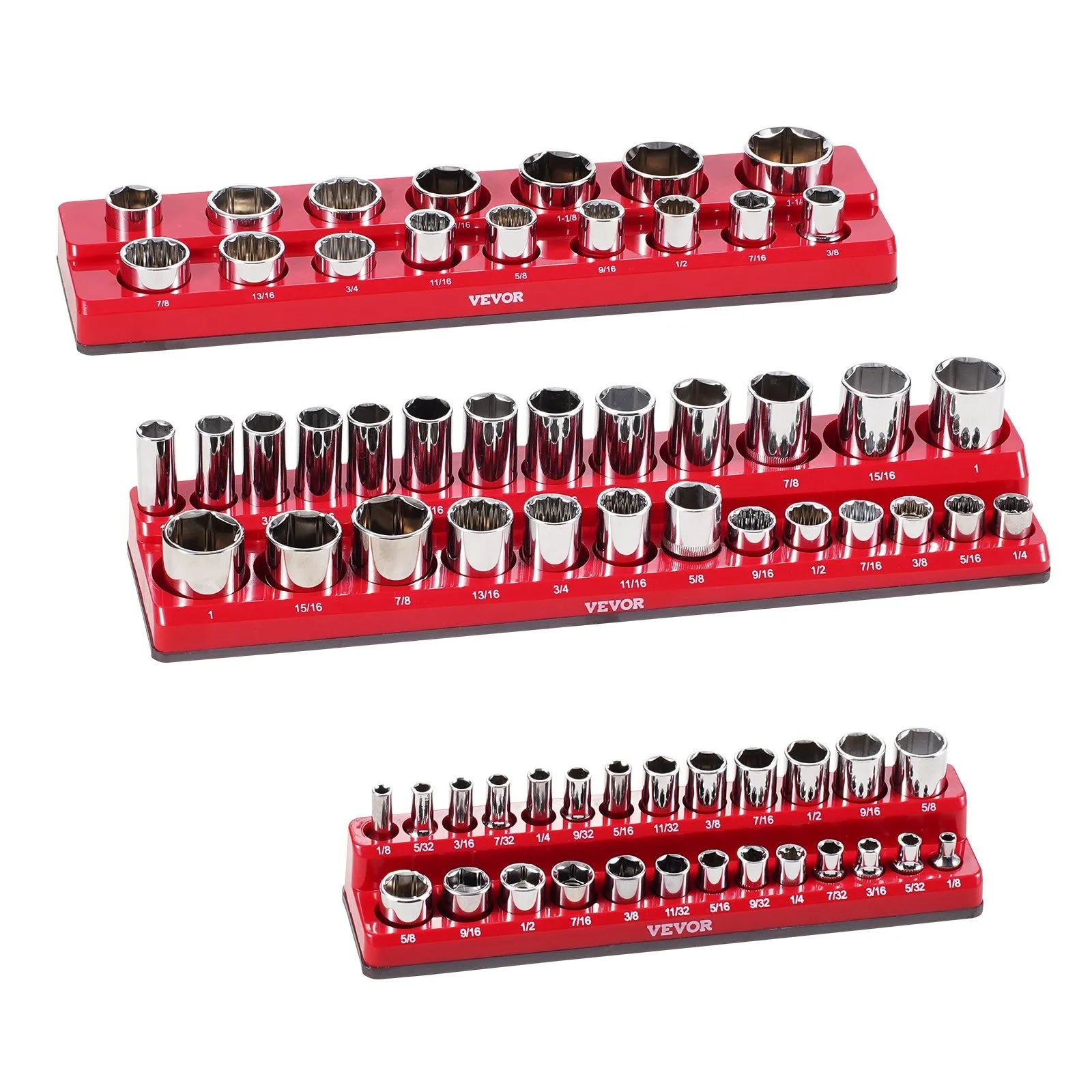 VEVOR Magnetic Socket Organizer Set 3PCS Magnetic Socket Trays Red for SAE